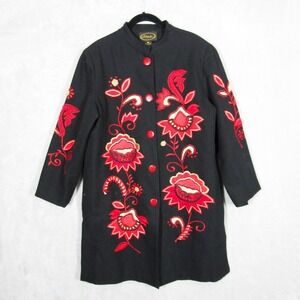Alex Kim M Black Floral Embroidered Mandarin Collar Button Down Coat Jacket